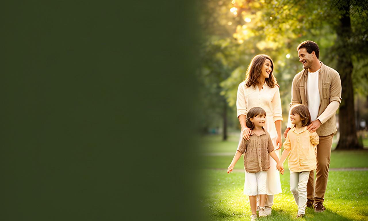 Fröhliche Familie mit zwei Kindern bei einem Spaziergang in einem grünen Park in Solothurn