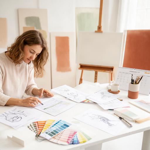 Selbstständige Kreative arbeitet mit Budgetunterlagen in einem hellen Atelier