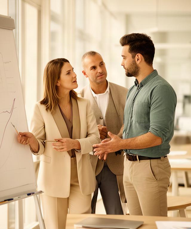 Finanzberaterin und Gründer an einem Whiteboard mit Kostenkurve und Liquiditätsplanung in einem hellen Planungsbüro